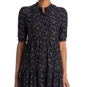 Floral Button Front Baby Doll Dress In black/blue Sketched Marigold Dot